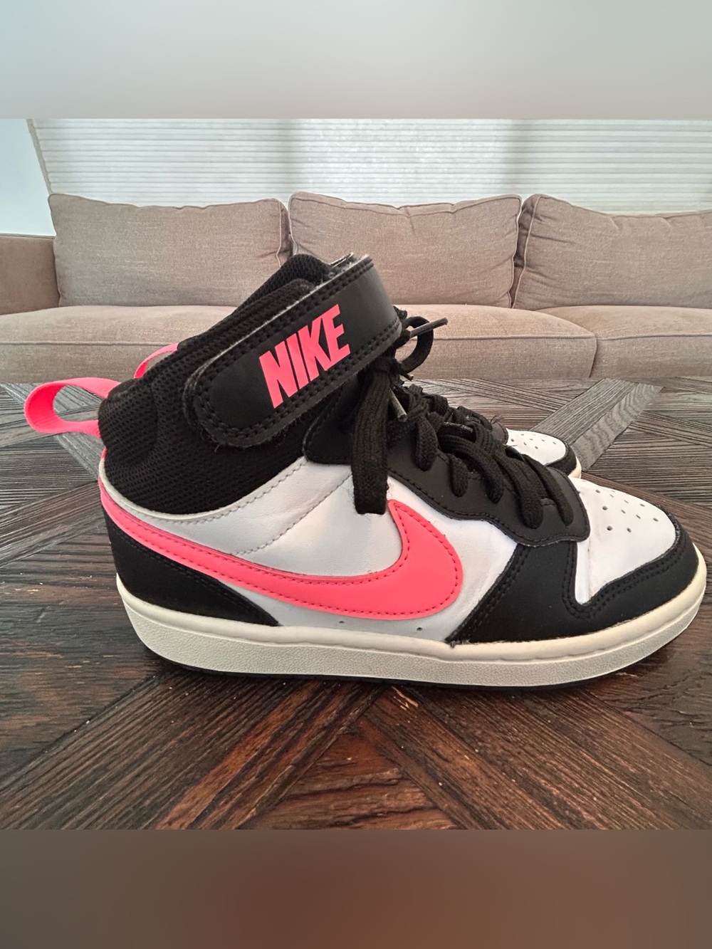 Nike Court Borough Kids High-Top Sneakers in White, Black & Hot Pink, Girls 4Y